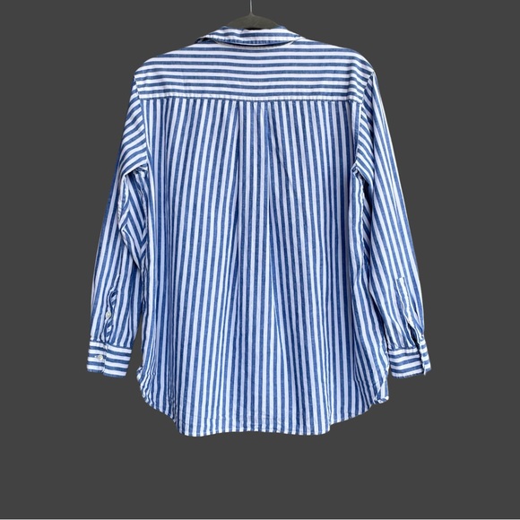 SEZANE Classic Oversized Blue & White Striped Linen Cotton Button Down Max Shirt - Picture 8 of 17